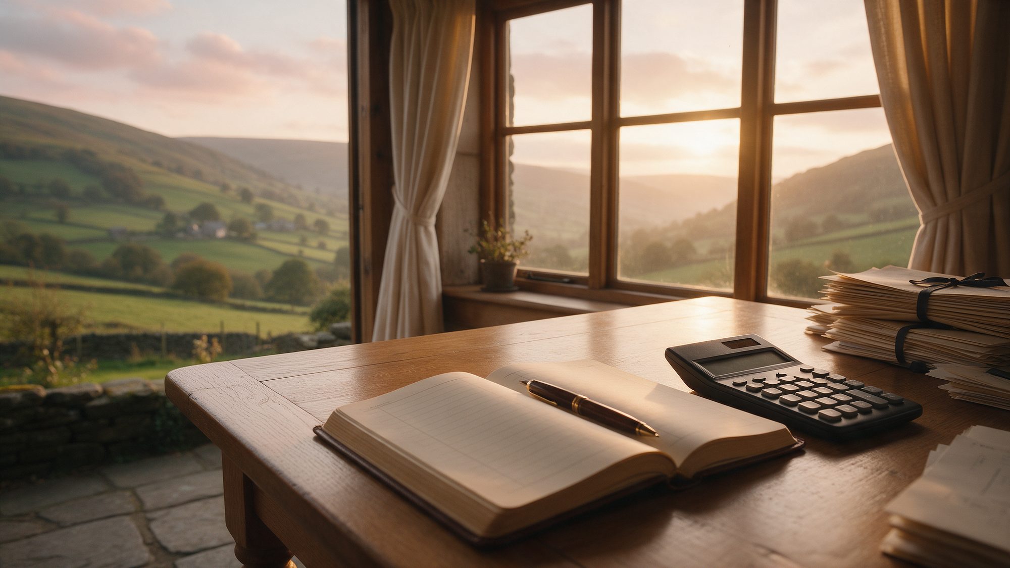 A tidy desk with an open ledger and calculator by a window overlooking green Welsh hills